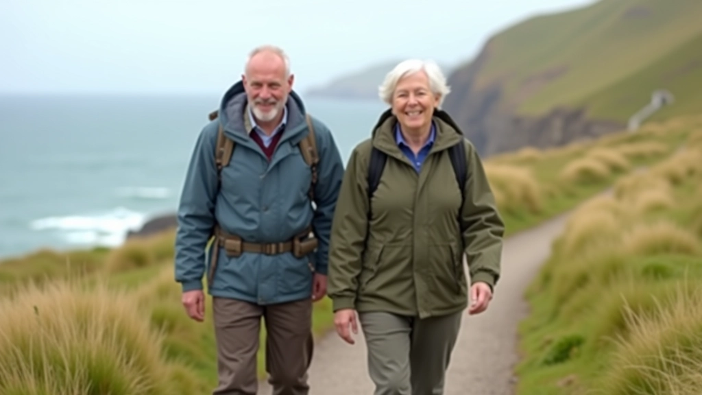 Group of people of various ages hiking along coastal path, smiling and enjoying the scenery