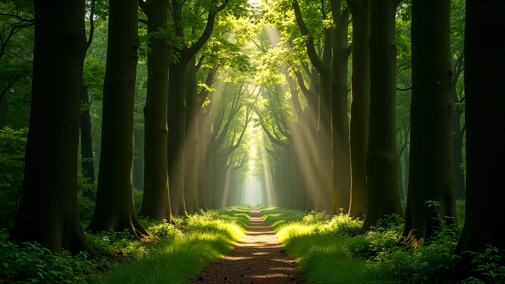 Serene forest scene at Tollymore showing tall trees creating natural cathedral with dappled sunlight on forest floor