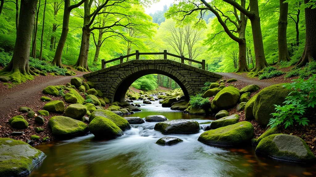 Scenic Shimna River trail at Tollymore with stone bridge crossing water, surrounded by ancient trees and lush vegetation